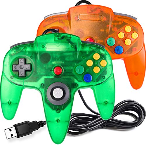 [USB Version] Classic N64 Controller, SAFFUN N64 Wired USB PC Game pad Joystick, N64 Bit USB Stick for Windows PC MAC Linux Genesis Raspberry Pi Retropie Emulator [Plug & Play] (Orange+Green)-2 Pack