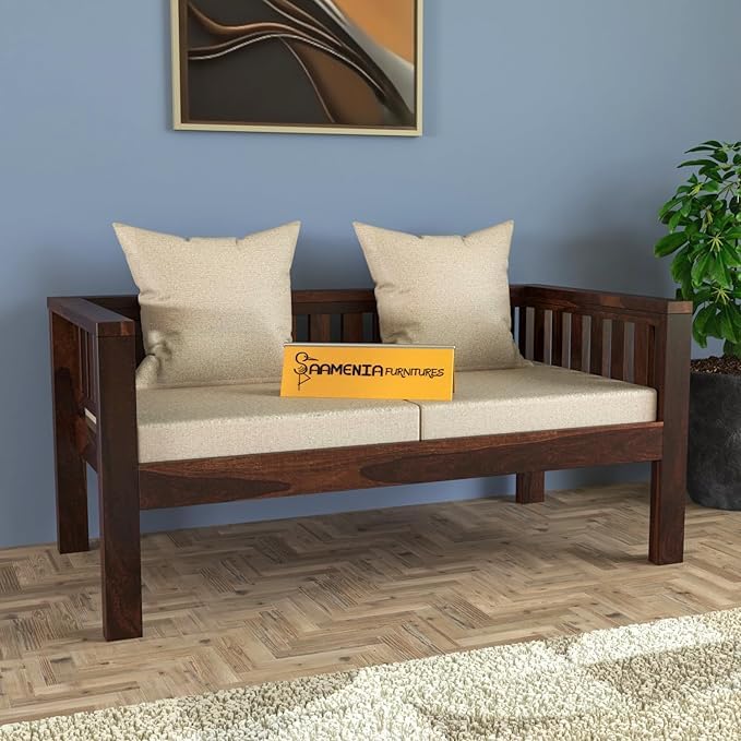 Image of Sheesham Wooden 2 Seater Sofa for Living Room | Rosewood 2 Seater Cushion Sofa Low Height | Solid Wood Sofa Set for Lounge (2 Seater,Walnut)