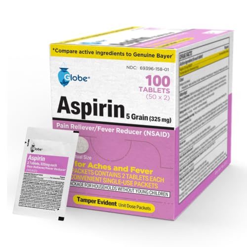 Globe Aspirin Tablets 325 mg - 100 Count Single Use Packets NSAID Pain Relief Pain Reliever & Fever Reducer Arthritis Pain Relief Headache Relief Migraine Medicine Aspirin Pain Reliever.