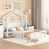 Harper & Bright Designs Montessori Floor Bed for Kids, Wood Twin Size House Bed with House-Style Headboard, Twin Floor Bed with Fence Guardrails &Cushion Stand for Girls Boys, White