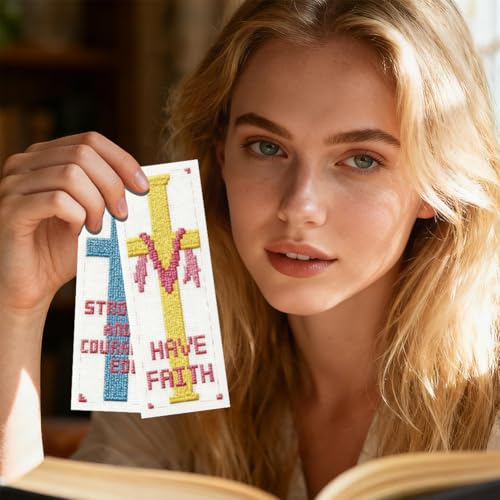 Image of INFUNLY 6pcs Cross and Word Cross Stitch Bookmark Kit for Beginners DIY Cross Embroidery Bookmark Kits Inspirational Words Needlepoint Kit with Instruction Easy Cross Stitch Set for Book Lovers Reader
