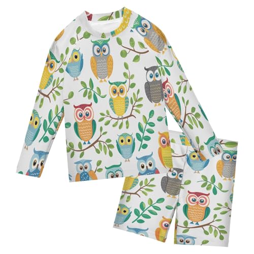Owl Spring Leaf Boys Swimsuit Rash Guard Toddler Kids Long Sleeve Swim Shirt and Trunks Swimwear Set 3-10Y