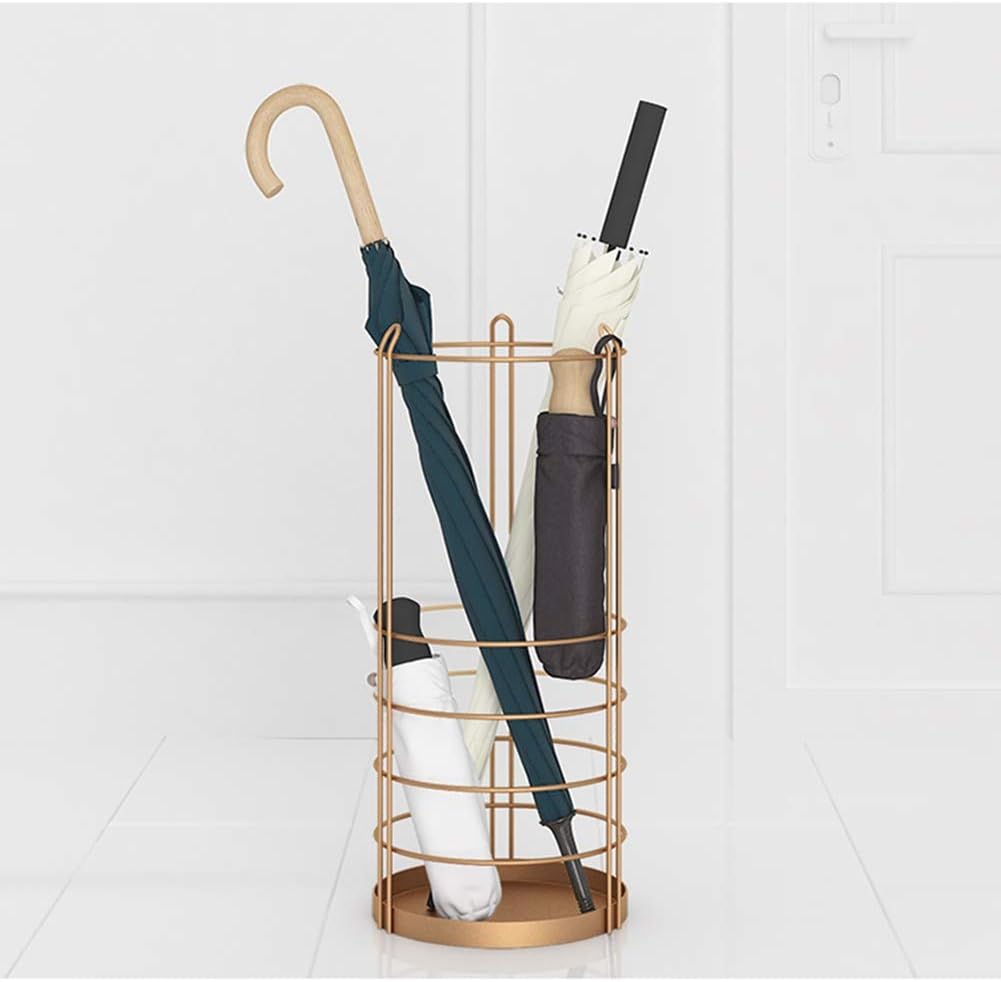 HUAHUA Umbrella Stands Metal Umbrella Stand - Quick Drain, Suitable For Home And Office, With Chassis And Hooks, Green, Black, Golden Brown (Color : Gold)