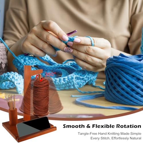 Image of Rumexeng Wooden Yarn Holder with Phone Stand, Wooden Yarn Spool Rack for Crocheting and Knitting, Crochet Hook Storage, Magnetic Yarn Ball Spinner Holder, Ideal Gift for Craft Lovers (Brown)