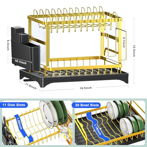 IBEDMAZIE Dish Drying Rack Gold, Multifunctional Dish Racks for Kitchen Counter with Drainboard 2 Tier Dish Drainer Large Capacity for Knifes/Cup/Cutting Board — view 2