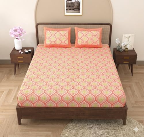 Image of RajasthaniKart Pure Cotton 144 TC Printed Double /King Bed Elastic Fitted Bedsheet with 2 Pillow Covers - All Around Elastic | 72 inchx78 inch|72 inchx72 inch|Fits Up to 8 inch Mattress|108
