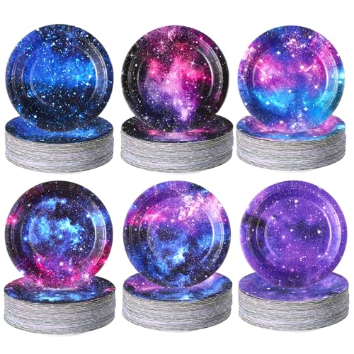 Funnymoom 60 Pcs 7 Inch Space Galaxy Paper Plates Outer Space Theme Birthday Party Supplies Starry Night Solar System Planet Party Decorations for Girls Boys Birthday Baby Shower