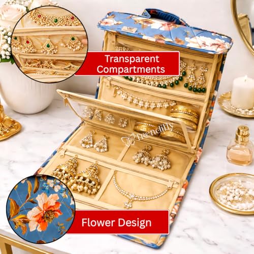 Image of Trendifly Foldable Multipocket Jewellery Organizer Suitcase for Women Embroidery Design Travelling Jewelry Sutcase Bag 5 Transparent Pockets Earrings Necklace Bangles Rings Girls (Flower Blue)
