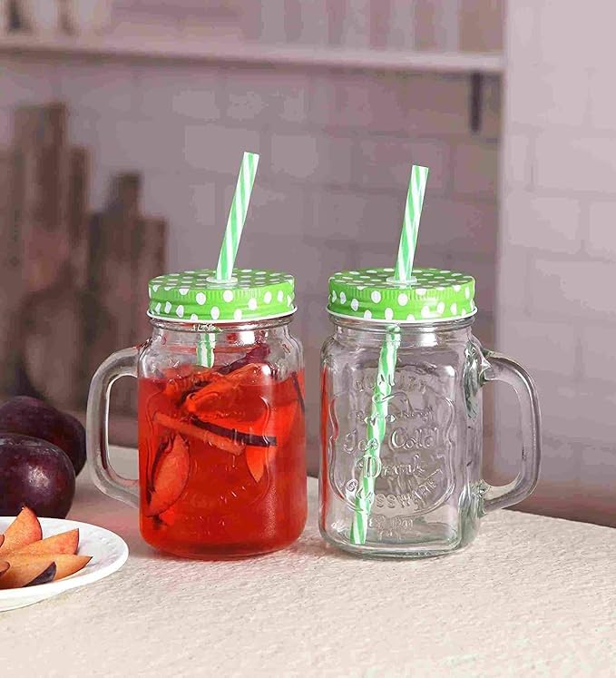 Image of Glass Mason Jar with Handle, Lid & Straw | 450ml Transparent Glass Mug for Juice, Milkshake, Smoothie & Mocktail | Leakproof BPA-Free Party Jar for Kitchen & Outdoor Use (PACK OF 1) (Multicolor)