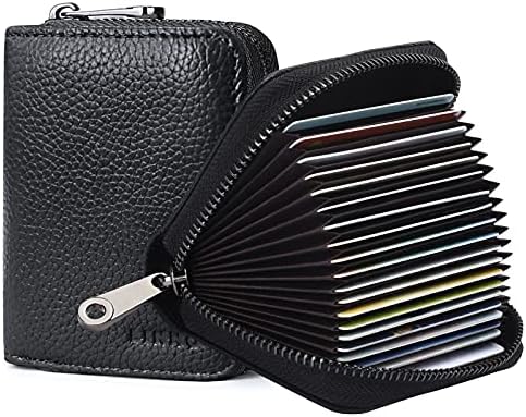Linno RFID 20 Card Slots Credit Card Holder Genuine Leather Small Card Case for Women or Men Accordion Wallet with Zipper
