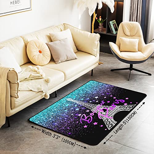 Loussiesd Eiffel Tower Area Rug 100x150cm Glitter Blue Purple Paris Living Room Rugs for Bedroom Home Decor Paris Decor Carpet Ultra Soft Non-Slip Indoor Floor Mat - Image 3