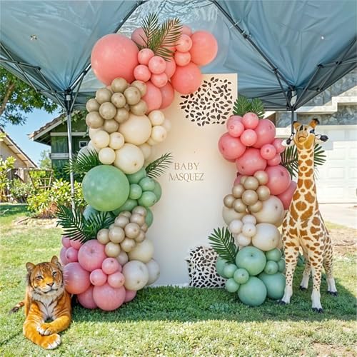 Image of Pink Jungle Safari Balloons, 60PCS Sage Green Pastel Pink Gold Balloon, Light Pink Cream Beige Balloon with Animal Print for Girls Birthday Baby Shower Wild One Giraffe Party Decorations Supplies