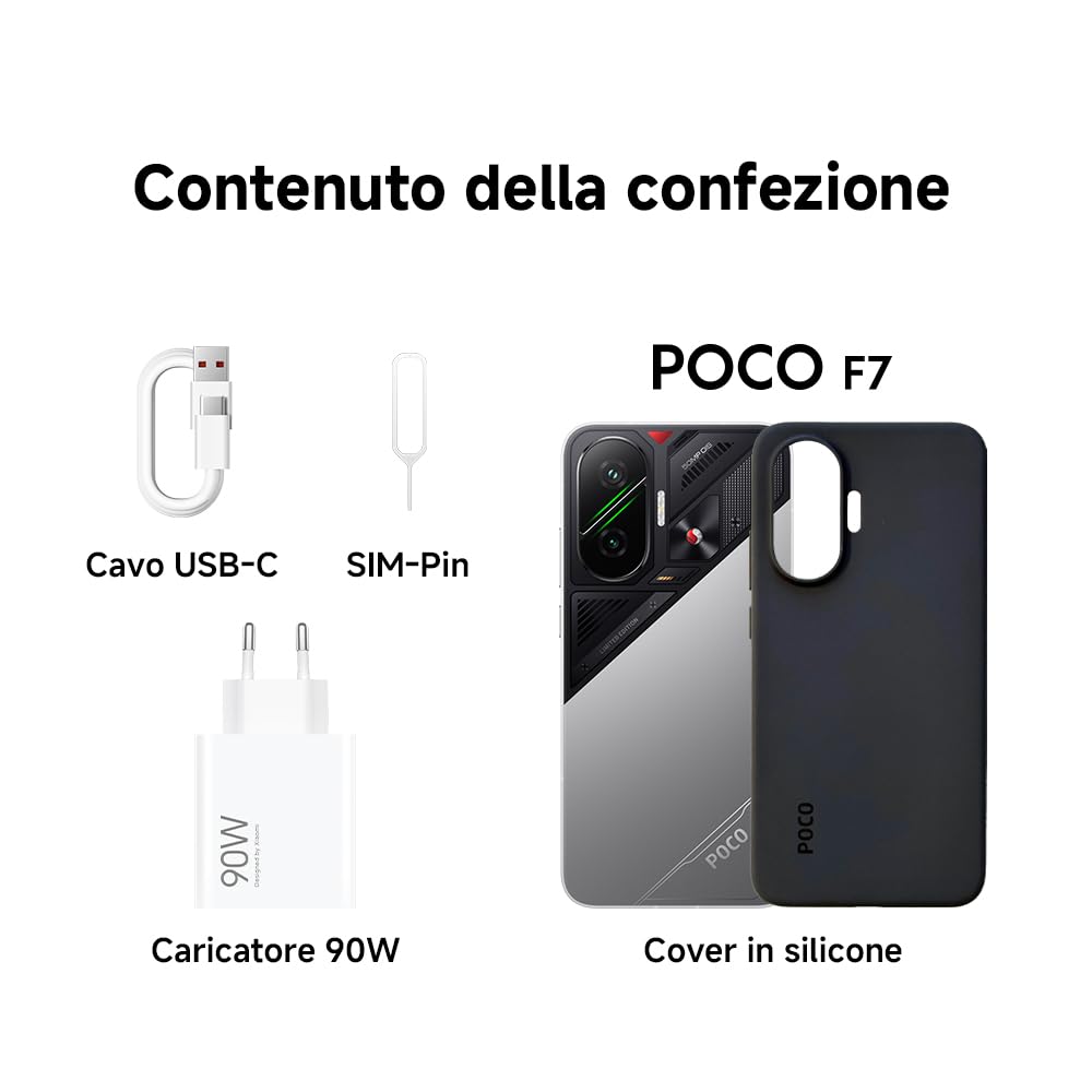 POCO F7 Smartphone, 12+256GB, Argento, Snapdragon® 8s Gen 4 Flagship, Batteria 6500mAh, Fotocamera Sony da 50MP con OIS, Display AMOLED 6.83" 1.5K 120Hz (Adattatore incluso a seconda della confezione)