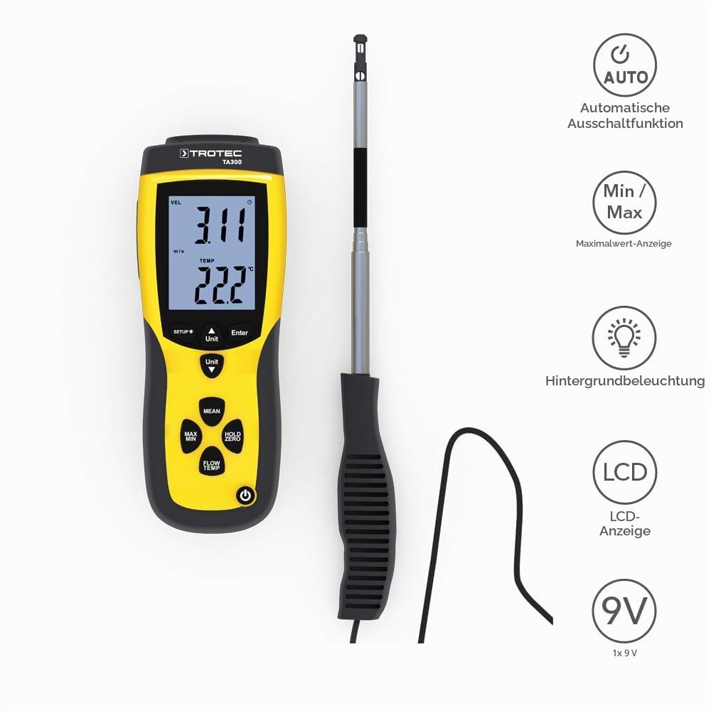TROTEC TA300 Anemometer gerade Sonde inkl. cal. Zertifikat Teleskopsonde Messinstrument Ermittlung von Strömung, Temperatur und Volumenstrom Kanalmessungen Dichtheitsprüfungen