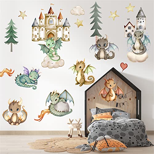 Image of Cute Dinosaur Kids Wall Stickers, Peel and Stick Removable Wall Decals for Kids Boys Nursery Bedroom Living Room(Castle Dinosaur)