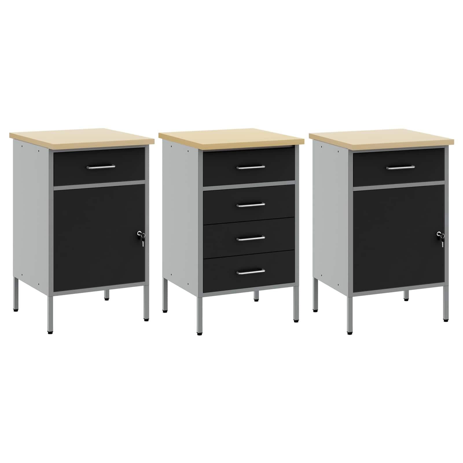 Banco de trabajo con cajones negro y gris, 150 x 55 x 85 cm, armario de madera de acero resistente con 6 cajones, ideal para taller, garaje, sala de ocio