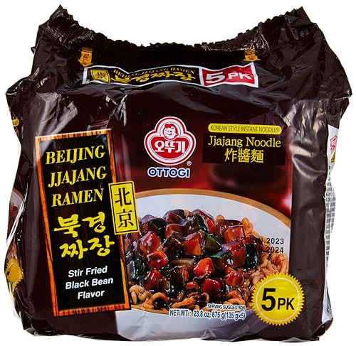 Ottogi Beijing Jjajang Ramen, Korean-Style Stir-Fried Black Bean Noodle, Jjajangmyeon Instant Ramen, 4.76 oz (Pack of 5)