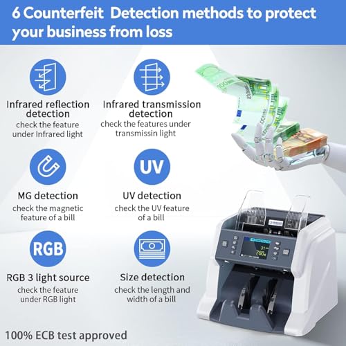 RIBAO BC-40 Mixed Denomination Money Counter Machine, Value Counting, Bill Counter Multi Currency, CIS/UV/MG/IR Counterfeit Detection for Business