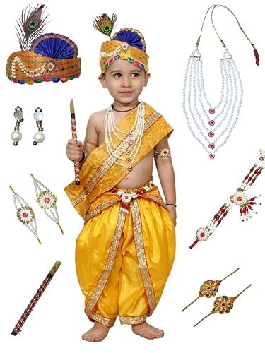 Image of Kaku Fancy Dresses Krishna Costume With Dhoti For Boy /Janmashtami /Bal Gopal Dress /Kanha Costume /Bal Krishna /Mythological Costume For Boy - Yellow-Red, 1-2 Years