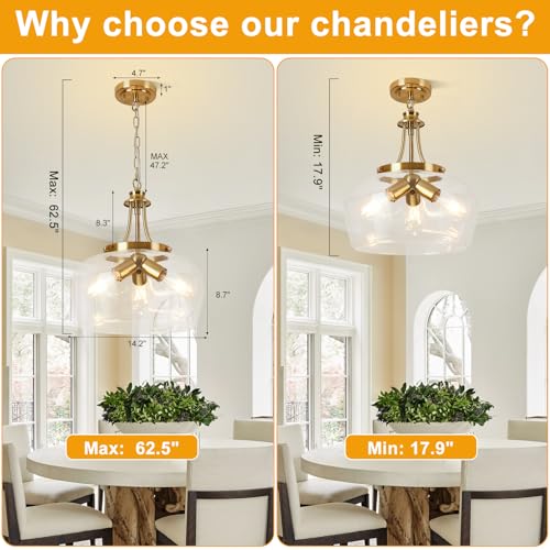Image of Modern Pendant Lights Kitchen Island, 3-Light Brushed Gold Pendant Light Fixtures with 14.2 inch Clear Glass Shade, Industrial Hanging Pendant Lights Fixture for Kitchen Island Dining Room Entryway Foyer