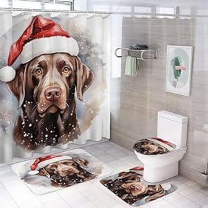 HighonHi Chocolate Labrador Santa Hat Christmas 4 Pcs Shower Curtain Sets Non-Slip Rugs and Toilet Mat Lid Rug Accessories Merry Christmas Cute Animals Waterproof Durable Bathroom Decor Shower