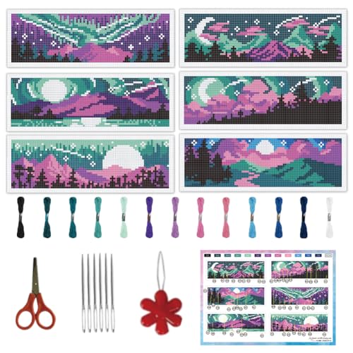 Image of INFUNLY 6PCS Night Sky Cross Stitch Bookmark Kits 3x8.5inch Horizontal Landscape Stamped Embroidery Page Marker DIY Starry Night Needlepoint Bookmark Kit for Book Lovers Writers Gift