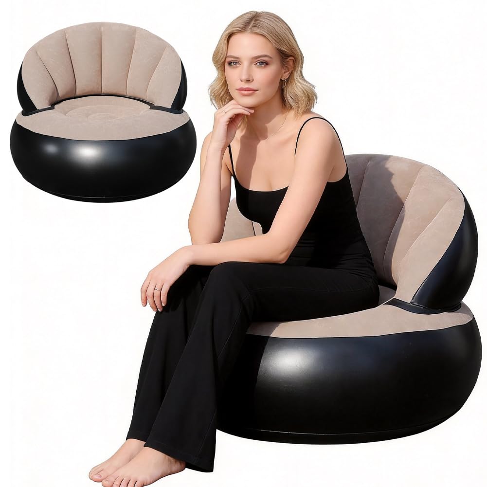 CEWROM Canapé gonflable 2 en 1 avec surface floquée, imperméable, fauteuil portable avec pompe pour salon, extérieur, camping, plage, voyage, canapé, pouf (gris)