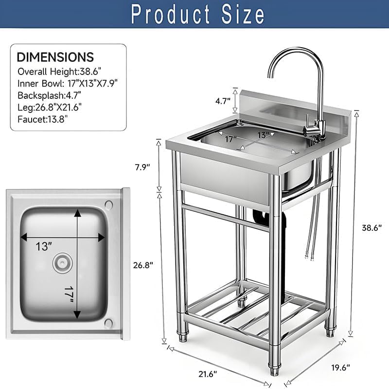 Stainless Steel Utility Sink with Faucet - Freestanding Single Bowl Sink for Commercial Kitchen, Laundry, Garage, Shop, Patio, Outdoor Prep & Wash Sink with Shelf, Fregadero Para Patio Exterior - 23In - Image 2