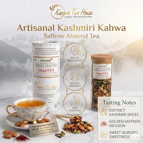Image of Kangra Tea House GhaaTEA (20g - 20 - 30 servings) Artisanal Authentic Kashmiri Kahwa with Saffron & Almonds Green Tea | GI Tagged & NPOP Organic Certified | First Flush, 0 Bitterness | Direct From Palampur, Himachal Pradesh