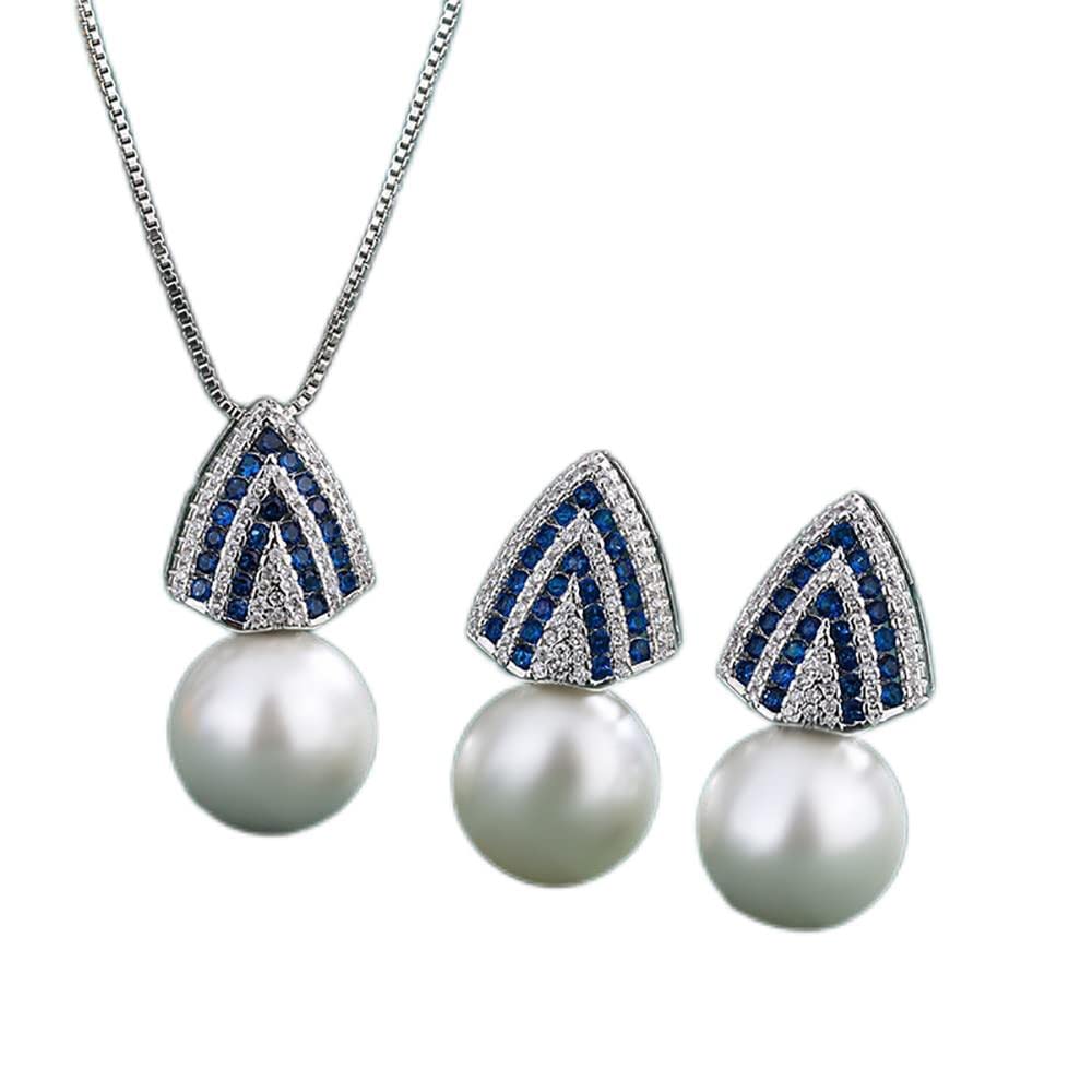 12mm Black White Pearl Sapphire Pendant Necklace Earrings for Women Anniversary Wedding Jewelry Set