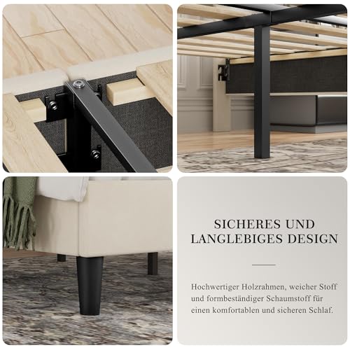 VECELO Polsterbett 140x200 cm mit USB & Type-C Anschlüssen, Doppelbett mit Kopfteil und 2 Seitentaschen, Bett Bettrahmen Bettgestell mit Lattenrost, Jugendbett, Leinen, Ohne Matratze, Beige