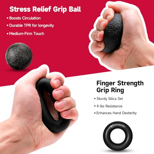 FitBeast Hand Grip Strengthener Workout Kit (5 Pack), 2 Forearm Grip Adjustable Resistance Hand Gripper, Finger Stretcher, Grip Ring & Stress Relief Grip Ball for Athletes - Image 5