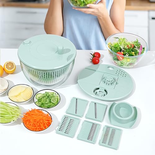ZATAO サラダスピナー スライサー 多機能野菜カッター スライスや水洗い 水切りなど1台12役 6種類の交換可能なブレード 大容量 回転式 卵白分離 果汁絞り 研磨 千切り器 野菜・フルーツ用 4.2L