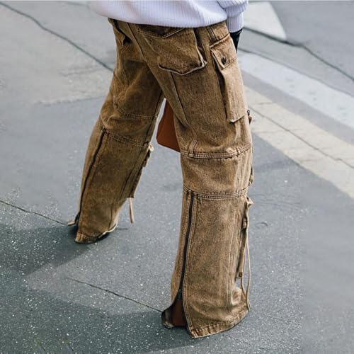 Women's Y2K High Waist Cargo Pants Wide Leg Baggy Denim Pants Brown Flap Pockets Denim Pants Zip Up Streetwear4