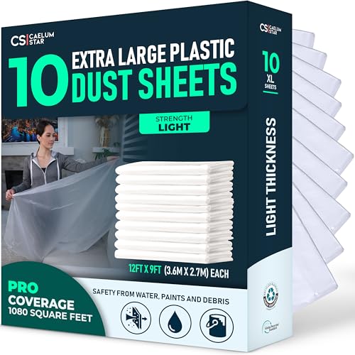 CS 10 Pack Plastic Dust Sheets for Decorating 3.6 x 2.7m (12x9 ft), Extra Large Dust Sheets for Painting, Clear Plastic Sheet Polythene Sheeting Painting Tools, Decorating Tools, Home Improvement