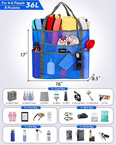 Mesh Beach Bag Tote Bag Grocery Storage Bag Oversized Big XL with Pockets Big Large Foldable Lightweight for Family Pool Blue Color