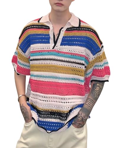 CORIRESHA Men's Hollow Out Striped Sweater Collared Short Sleeve Casual Knit Top
