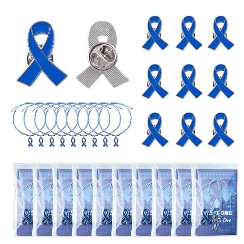 WANDIC 10 Set Blue Ribbon Badges,Colon Cancer Prostate Cancer Awareness Metal Pin, Adjustable Drawstring Bracelet with Charm Text Card, for Public Events