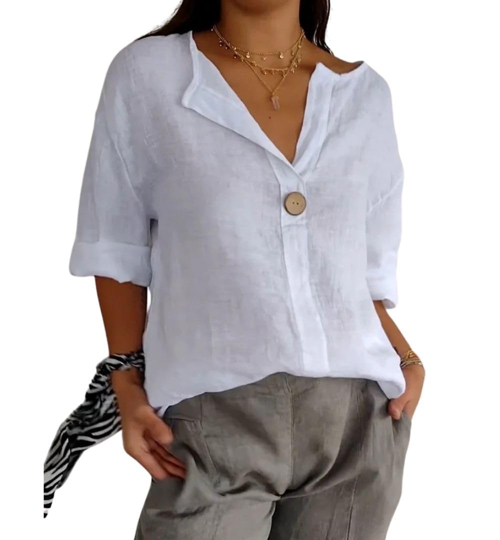 DMOYALA Women's Linen Shirt Button Down V Neck Plain Blouse Beige 3/4 Sleeves Casual Loose Fit Tunic Tops Summer