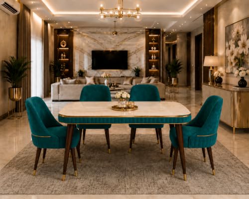 Image of WOODEN SPACE Majestic 4 Seater Wooden Dining Table Set | Urban Marble Top Dining Table with Chairs for Dining Room & Kitchen (Modern Grand Aura Sea Blue) (54x36x30 inch)