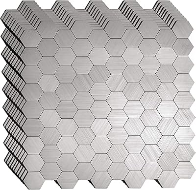 KASARO Hexagon Peel and Stick Backsplash, 10-Sheet Self Adhesive Metal Tile, Stainless Steel Mosaic for Kitchen, Bathroom, RV Wall Decor (12" x 12", Covers 9 Sq Ft)