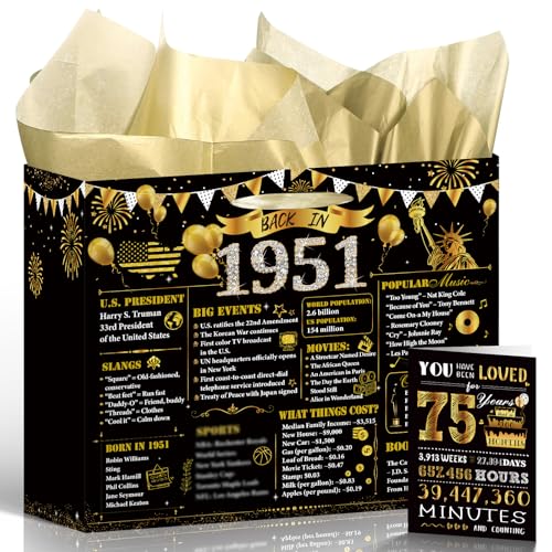 Wxiben 75th Birthday Gift Bag - Black Gold 1951 Large Gift Bag with Handles Tissue Paper Greeting Card, 75 Year Old Women Men Birthday Party Supplies, Vintage 1951 Party Decorations