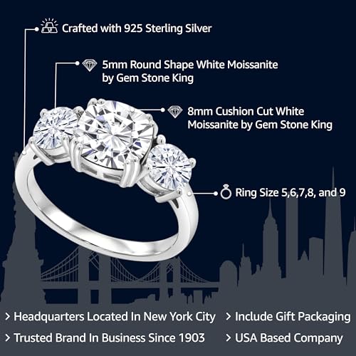 Gem Stone King 3.40 Cttw White Moissanite 3-Stone Engagement Ring For Women | 925 Sterling Silver | Cushion 8MM | 3 Stone Wedding Engagement Anniversary Promise Ring For Women2