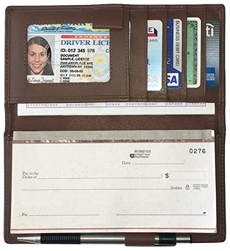 Walnut RFID Leather Checkbook Cover With Credit Card Slots and Pen Holder