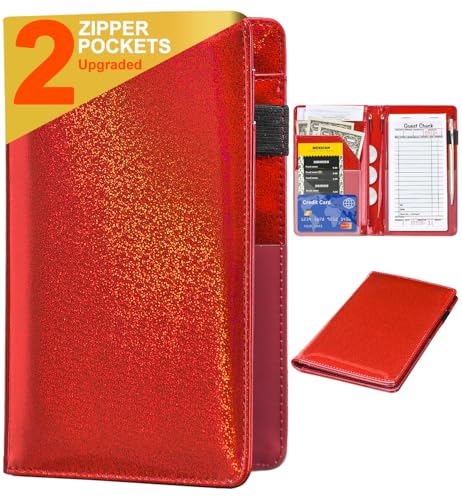 Carnet de serveur rouge pailleté en cuir avec poches pour restauration