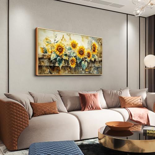 ERQINHUA Large Canvas Wall Art For Living Room Wall Decor Vintage Yellow Sunflower Painting Decor Dining Room Bedroom Bathroom Kitchen Room Wall Print Painting For Home Decor Wood Frame 20x40 In