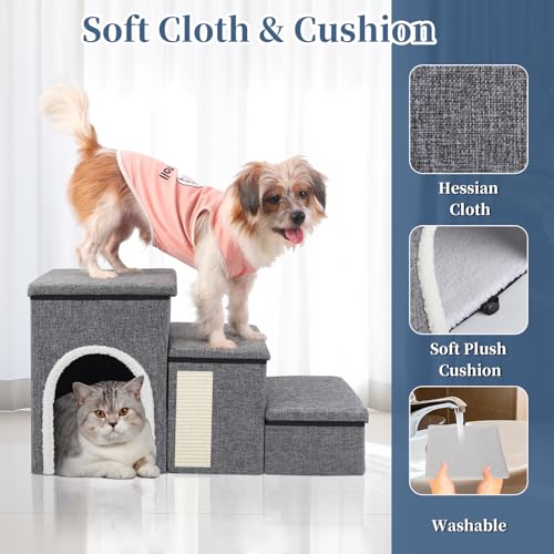 3 Stufen Treppe für Hunde, 75L x 35B x 43H cm, Hundetreppe Faltbare für klein/ältere/große Hunde Katzen, Hundetreppe mit Große Wohnung, Stauraum, Katzen Kratzbrett, Haustiertreppe für Couch und Bett