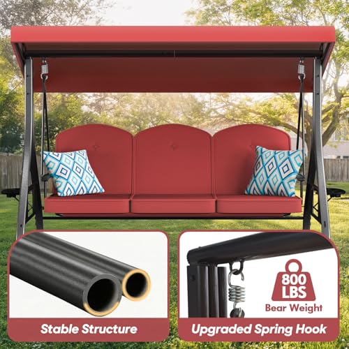 Image of ZZW 3 Seat Outdoor Porch Patio Swing with Stand 800lbs 2-in-1 Convertible Swing Bed with Adjustable Canopy & Removable Cushion for Yard Garden Deck (Red, Square Tube)