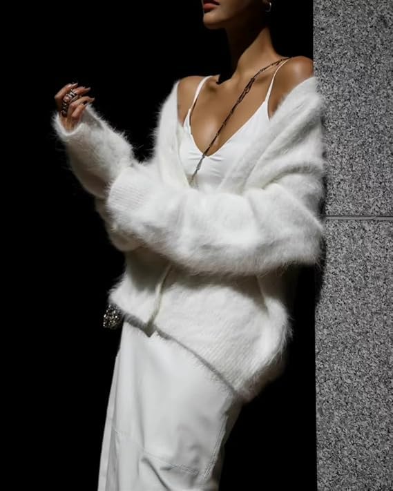 Image of Womens Fuzzy Sweaters Cardigan V-Neck Button Down Oversized Mohair Sweater Casual Y2k 2026 Fall Winter