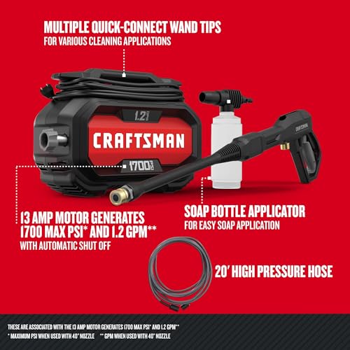 CRAFTSMAN Electric Pressure Washer, Cold Water, Lightweight Corded Power Washer for Cars, Driveways, Patio and Garage, Powerful 1700-PSI, 1.2-GPM, Compact, Easy to Use (CMEPW1700) by CRAFTSMAN - Image 2